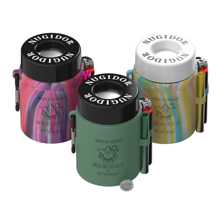 Pop-Vac Nugidor vacuum-sealed flower jars, trio angled view