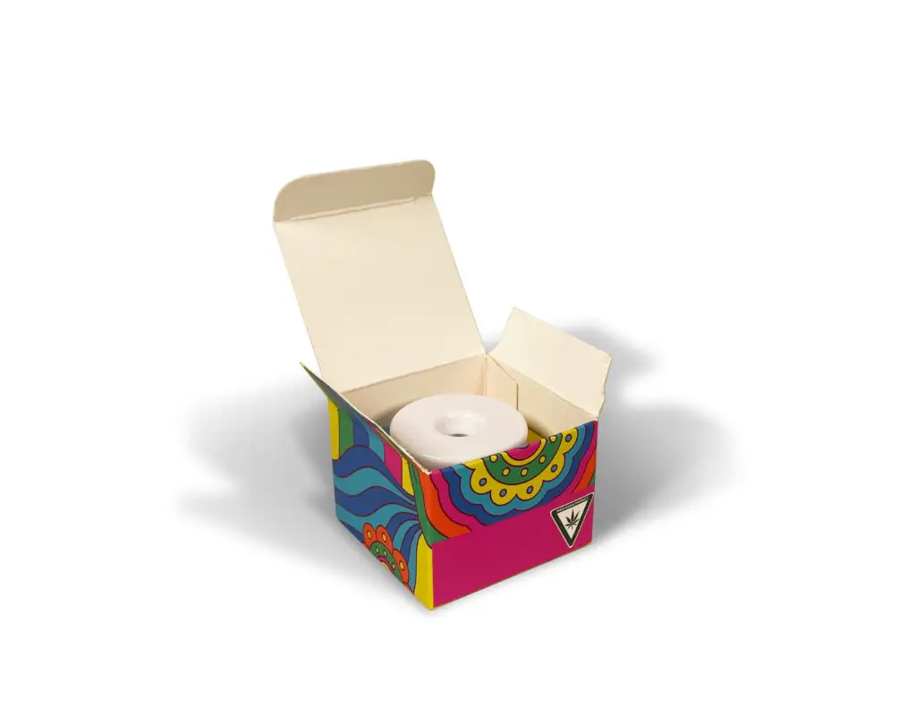 Pop-Vac custom branded outer packaging box — colorful mandala design, open empty