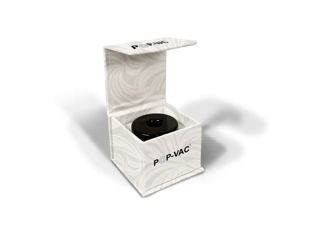 Pop-Vac custom outer packaging box — white with Pop-Vac logo, open showing jar inside