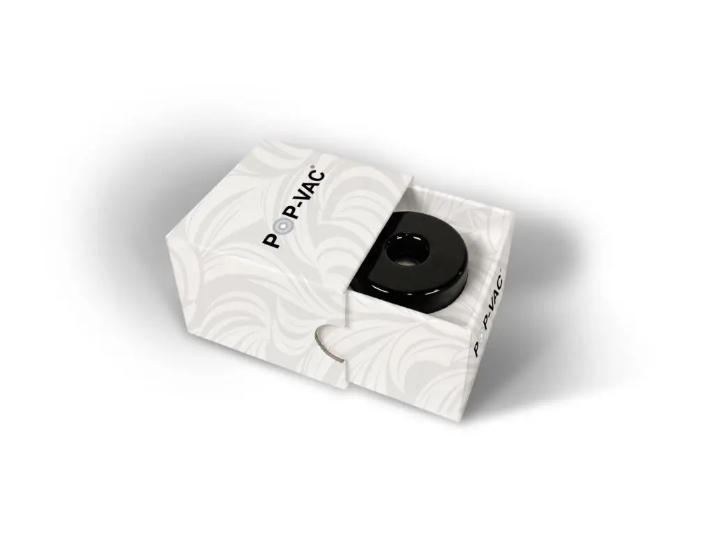 Pop-Vac custom outer packaging box — white with Pop-Vac logo, angled side view