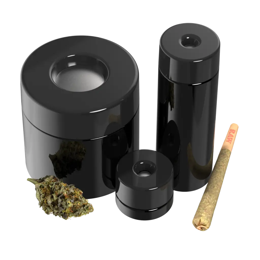 Pop-Vac flower jar, pre-roll tube, and concentrate jar product family render with cannabis bud and pre-roll
