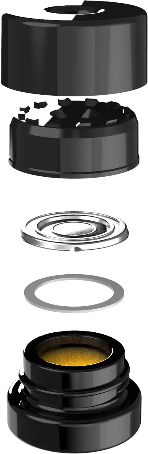 Exploded view of a Pop-Vac vacuum-sealed jar — cap, seal mechanism, metal disc, gasket ring, and glass base holding amber concentrate