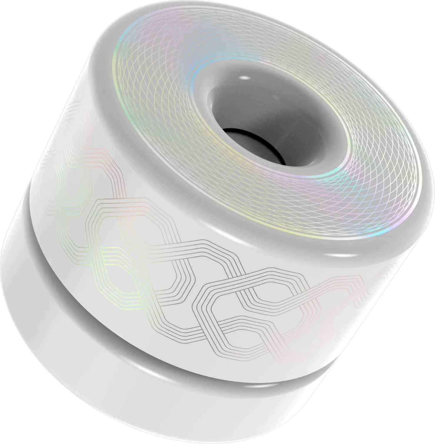 White Pop-Vac vacuum-sealed jar with custom printing — an iridescent swirl on the lid and a geometric hexagon design around the body