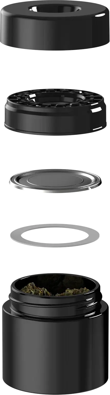 Exploded view of a Pop-Vac vacuum-sealed jar — cap, seal mechanism, metal disc, gasket ring, and glass jar holding cannabis flower