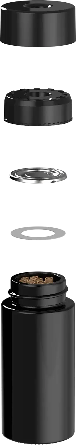 Exploded view of a Pop-Vac vacuum-sealed J-tube — cap, seal mechanism, metal disc, gasket ring, and tall glass jar holding pre-rolls