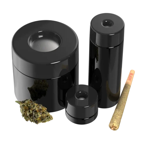 Pop-Vac flower jar, pre-roll tube, and concentrate jar product family render with cannabis bud and pre-roll