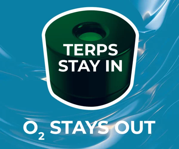 Diagram showing Pop-Vac keeps terpenes in and oxygen out — wide format